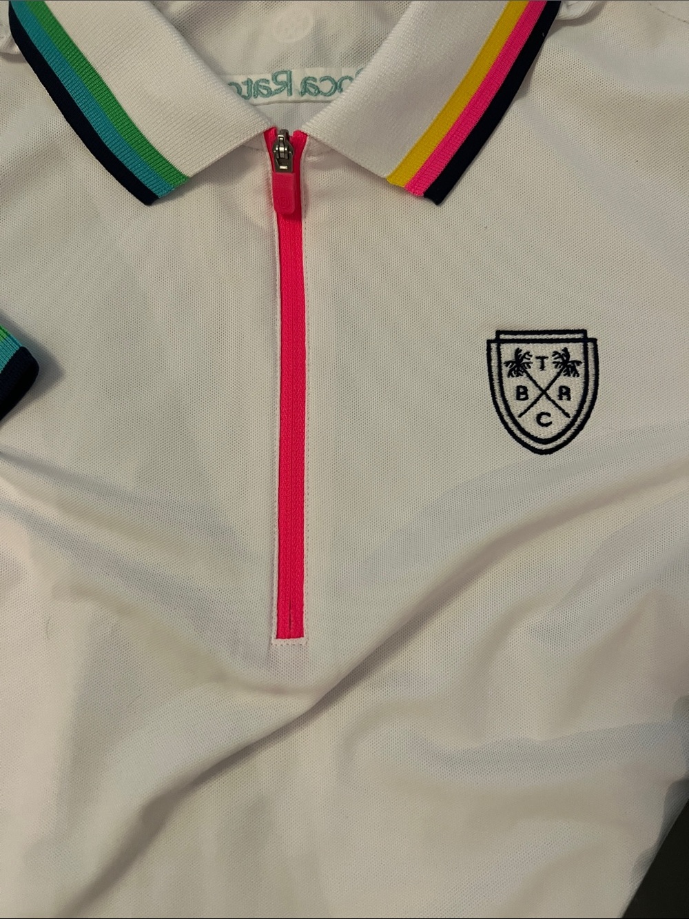 G/FORE White Polo with Pink Zip and Multicolor Stripe Collar Boca Raton hotel